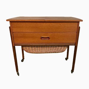 Danish Modern Teak and Wicker Sewing Table or Storage Trolley, 1960s