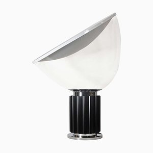 Lámpara de mesa Taccia de vidrio transparente en blanco y negro de cromo de Achille Castiglioni para Flos, años 90