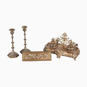 Antique French Cast-Brass Desk Set, Set of 3