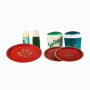 Thermos, Trays & Plastic Advertising Ice Buckets, Italy, 1980s, Set of 7