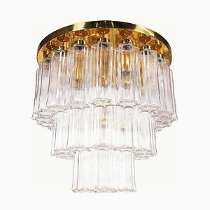 Large German Brass and Glass Flush Mount Chandelier from Glashuette Limburg, 1960s