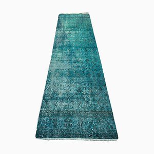 Turkish Distressed Overdyed Turquoise Wool Narrow Runner Rug