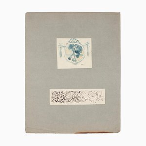Lápiz de paisaje y pez, acuarela y pluma sobre papel, años 20