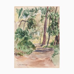 Forest Original Watercolor on Paper by R. Casanove, 1950s