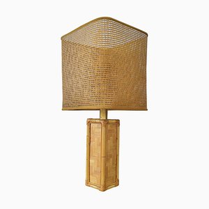 Lámpara de mesa italiana vintage de ratán, caña de bambú y latón, años 50