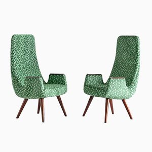 Set of High Back Armchairs in Green Braquenié Velvet and Wengé Wood, 1950s