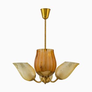 Swedish Modern Chandelier in Brass and Glass from Glössner, 1940s