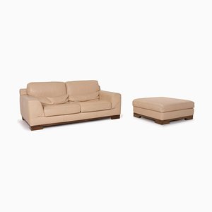 Beiges 2-Sitzer Sofa & Fußhocker aus Leder von Natuzzi, 2er Set