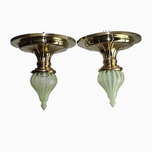 Viennese Art Nouveau Ceiling Light With Blown Opal Glass Shades