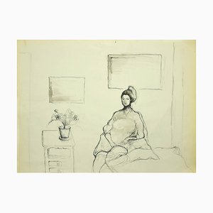Burt Riley, Girl in a Room, 20th Century, Original China Ink Drawing