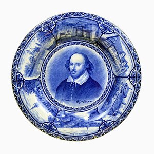 Assiette Souvenir Bleue et Blanche avec Portrait de William Shakespeare par Samuel Hancock & Sons, 1904