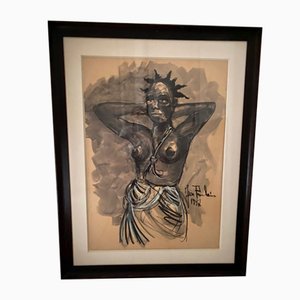 Charcoal Gouache Drawing by Poulain Jean, 1947