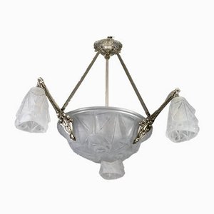 Art Deco Frosted Glass and Bronze Six-Light Chandelier from Verrerie D'Art Degué, 1920s