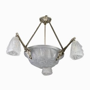 Lámpara de araña Art Déco de vidrio escarchado y bronce de seis luces de Verrerie D'Art Degué, años 20
