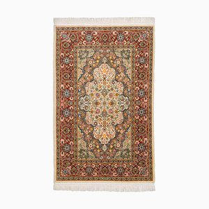 Floral Beige Silk Hereke Rug with Border & Medallion, 1990s