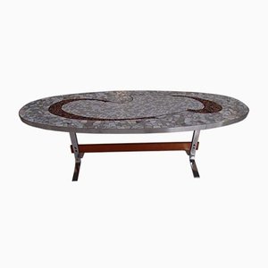 Tavolino da caffè ovale vintage in metallo cromato, legno e mosaico, anni '50
