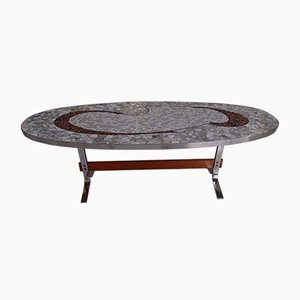 Vintage Oval Chrome, Wood & Mosaic Coffee Table, 1950s