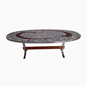 Vintage Oval Chrome, Wood & Mosaic Coffee Table, 1950s