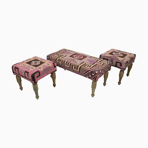 Vintage Turkish Upholstered Kilim Bench and Stools, Set of 3