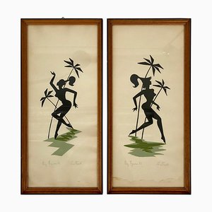 Pinturas sobre papel Mid-Century que representan a mujeres como amazonas, Austria, años 50. Juego de 2
