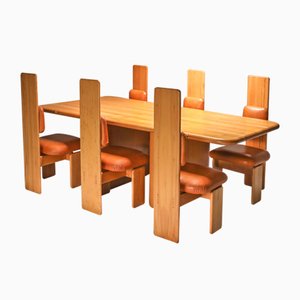 Beech and Leather Dining Table & Chairs Set by Mario Marenco, Italy, 1970s, Set of 7