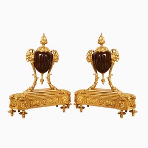 19th Century Louis XVI Gilt Bronze Ram Andirons, Set of 2