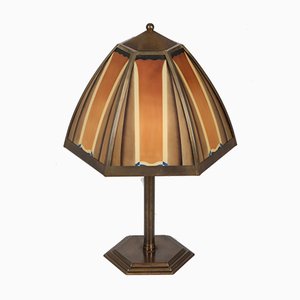 Lámpara de pie Art Déco de bronce y vidrio coloreado, años 20