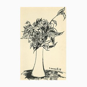 Vase of Flowers Drawing in Pen by Giovanni Omiccioli, 1957