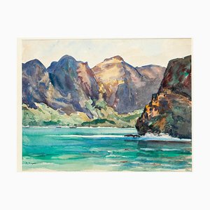 Aquarelle Nuka-Hiva la Baie des Vierges sur Carton par André Ragot, 1950s