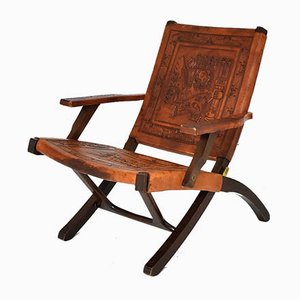 Mid-Century Modern Ecuadorian Wood and Leather Folding Chair by Angel Pazmino