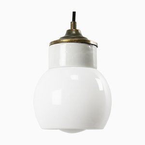 Lampe à Suspension Industrielle Vintage en Porcelaine Blanche et Laiton