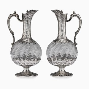 19th Century French Solid Silver & Glass Claret Jugs by Maison Odiot, 1890, Set of 2