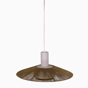 Lampada da soffitto in vetro bianco con bordo in teak, anni '70