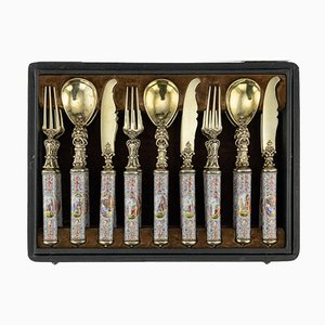 19th Century Austrian Solid Silver-Gilt & Enamel Cutlery Set, by Hermann Ratzersdorfer, 1880, Set of 18