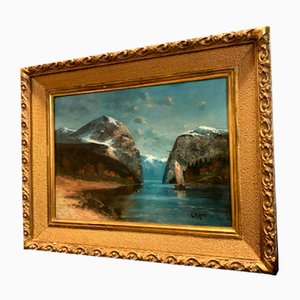 Large View of the Alps from the Lake Oil on Canvas by Willy Erik Helfert