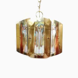 Lámpara colgante Era Espacial de cristal y latón iridiscente, años 70