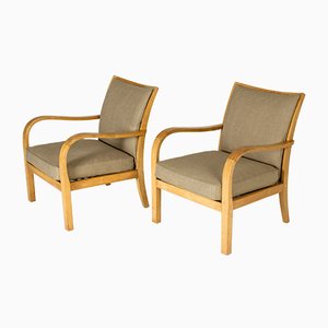 Sillones de abedul y lino de Axel Larsson para Bodafors, Sweden, años 30. Juego de 2