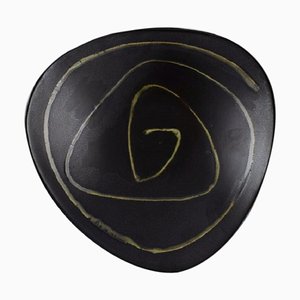 Swedish Bowl in Black Glazed Ceramic with Abstract Motif, 1950s