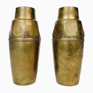 German Art Nouveau Wrought & Hammered Brass Vases from WMF, 1920s, Set of 2