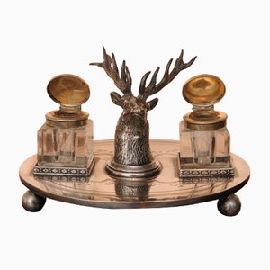Silver-Plated Stag's Head Ink Stand Desk with Pop Up Inkwells from by W.W. Harrison & Co., Set of 3
