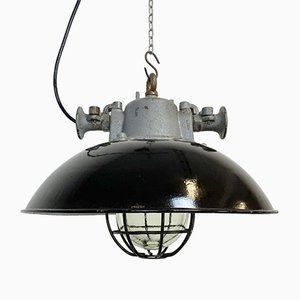 Lampada a sospensione industriale a forma di gabbia in ghisa nera, anni '50