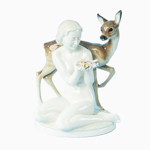 Sculpture Carl Werner pour Hutschenreuther, Nude with Fawn, 1950s