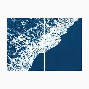 Diptyque de paysage nautique de Deep Blue Sandy Shore, 2020, cyanotype