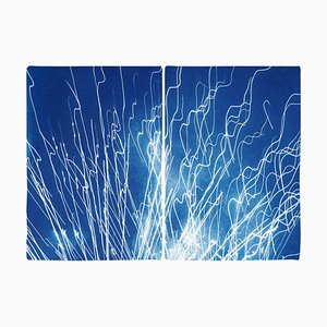 Fireworks Lights in Sky Blue Diptych, Cyanotype on Watercolor Paper, 2020