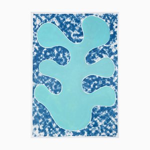 Turquoise Leaf Cutout on Abstract Cloudy Background, Cyanotype, 2020