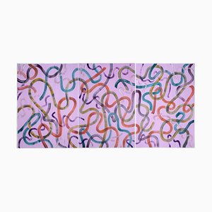 Großes Abstraktes Triptychon von Vivid Brushstrokes auf malvenfarbener Pastellfarbener Malerei, 2020