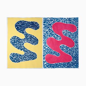 Pool Water Brushstroke Diptych Cyanotype Print and Acrylic Painting on Paper, 2020