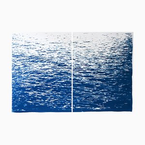 Díptico abstracto del gran paisaje marino de cianotipo náutico de marea baja en azul clásico, 2020
