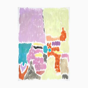 Pistachio and Mauve Blurry Interiors Art Deco Painting in Abstract Pastel Tones, 2020