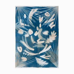 Tropical Leaves Cyanotype Botanical Mixed Media Marbling Layer in Blue & Beige. 2020